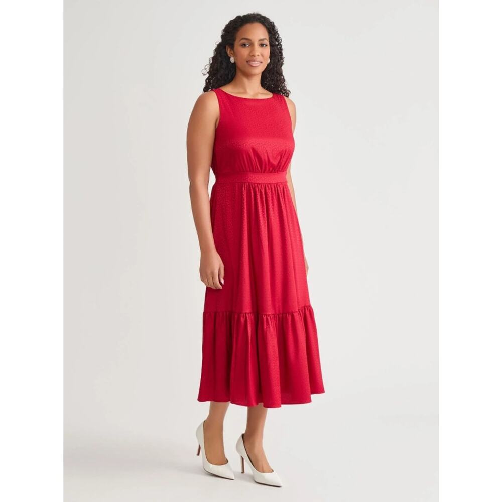 Kasper Women Crimson Red Satin Tiered Sleeveless Boat Neck Midi Dress Size L - Picture 3 of 5